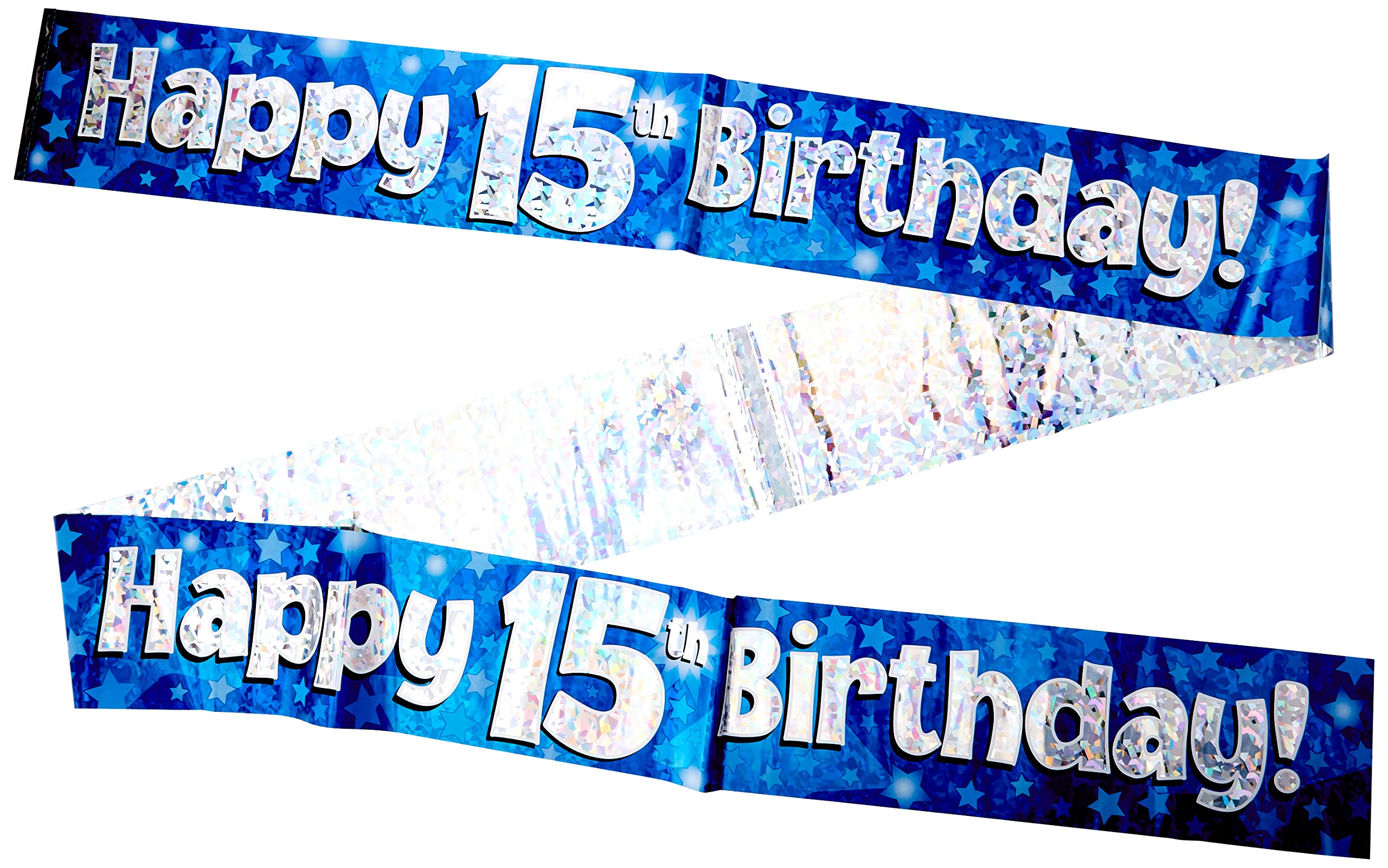 9ft Banner Happy 15th Birthday Blue Holographic