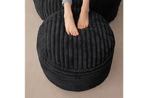 HIGOGOGO Round Stuffed Pouf Ottoman, Corduroy Poufs with High-Density Foam Filling, Furry and Fluffy Pouf Foot Stool Storage Ottoman, 20 X 15 Floor Poufs Foot Rest for Living Room, Black