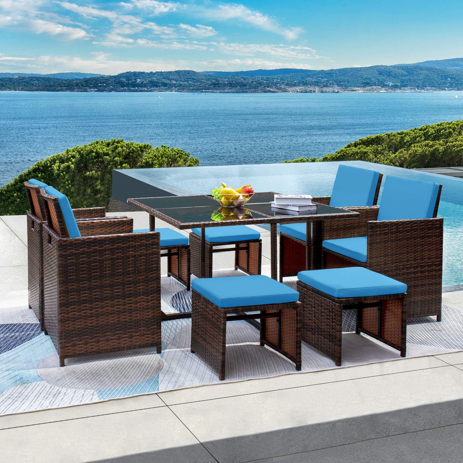 GUNJI 9 Pieces Patio Dining Sets Outdoor Table and Chairs Patio Dining Table Set with Space Saving Rattan Chairs Patio Furniture Sets Cushioned Seating and Back (Blue)