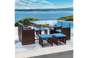 GUNJI 9 Pieces Patio Dining Outdoor Table and Chairs Table Set with Space Saving Rattan Chairs Patio Furniture Sets Cushioned Seating and Back (Blue)