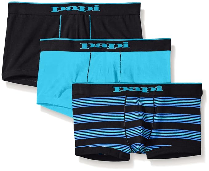 Papi Men's 3-Pack Stripe/Solid Brazilian Trunk, Black/Turquoise, Small