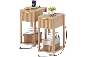 Akxomel Narrow Nightstands Set of 2, Fluted Small Night Stand, Skinny Side End Table with Charging Station, Slim Mid-Century 