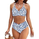 Blooming Jelly Women's High Waisted Bikini Sets Matel Tummy Control Swimsuits V Neck Twist Front Bathing Suit