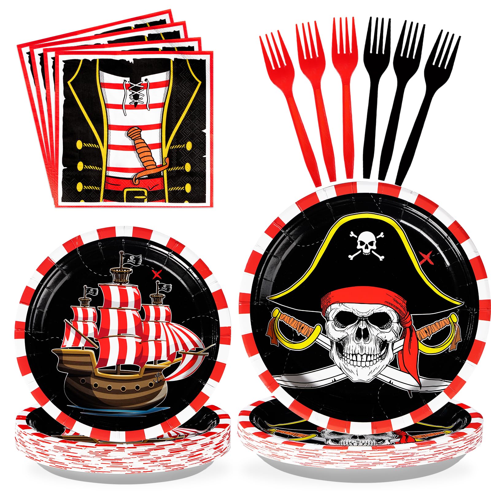 Photo 1 of 96Pcs Pirate Party Supplies 350 GSM Pirate Party Plates and Napkins Tableware Sets Pirate Treasure Party Decorations for Adult Teens Kids Children Birthday Pirate Halloween Party Favors,Severs 24 ?