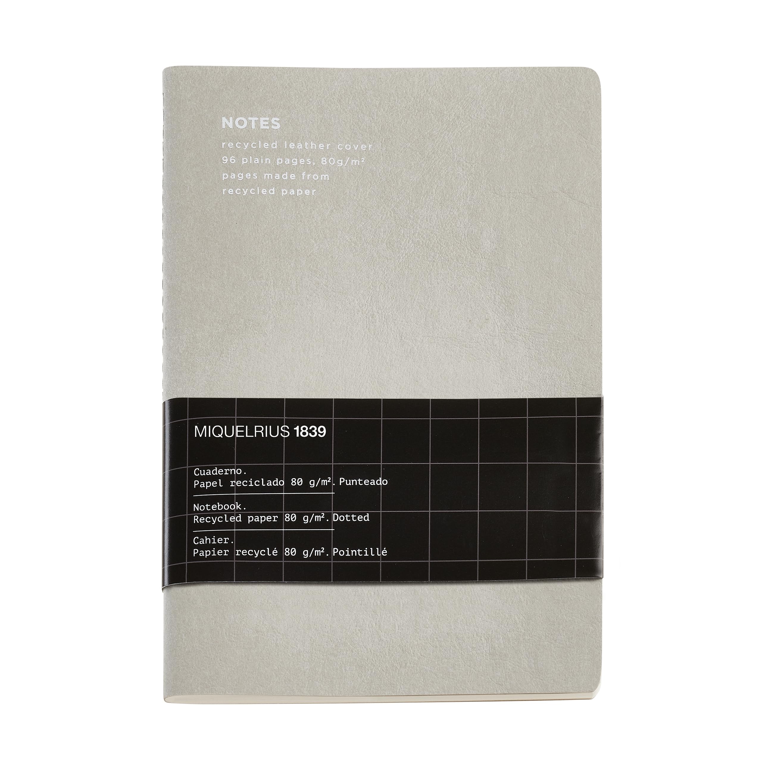 Miquelrius - Flexible A5 Notebook (200mm x 140mm) - Polka Dot Inside - 48 White Sheets - 80gsm Recycled Paper - Recycled Leather Cover - Grey