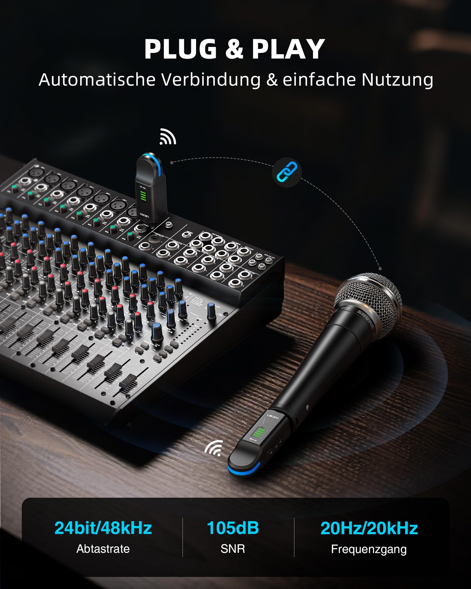 LEKATO 2,4 GHz Funkmikrofonsystem, XLR Sender Empfänger, 48V Phantomspeisung, für Kondensator & Dynamische Mikrofone, Plug & Play, 8 Std. Laufzeit, geeignet für PA, Mischpult, Live Auftritte (MW-20) 2