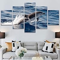 SIGNWIN 5 Panel Canvas Wall Art Modern Art Dolphin Expressive Marine Life Multicolor Nautical Photography Whale for Home Decorations Ready to Hang - 60