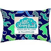 Little Sleepy Head Toddler Pillow with Pillowcase 13x18 - Kids Pillow for Sleeping - Better Neck Support Ergonomic Pillow and Toddler Pillowcase - Best Pillows for Kids (Dinosaurs Blue)