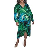 DKNY Womens Long Sleeve Surplice Neck Faux Wrap Midi Dress