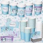 Remerry 50 Pack 12 oz Blue Disposable Coffee Cups with Lids and Sleeves, Baby Shower Paper Cpffee Cups, Winter Holiday Hot Cold Tea Cup, Drinking Mugs for Valentine Birthday Party Supplies