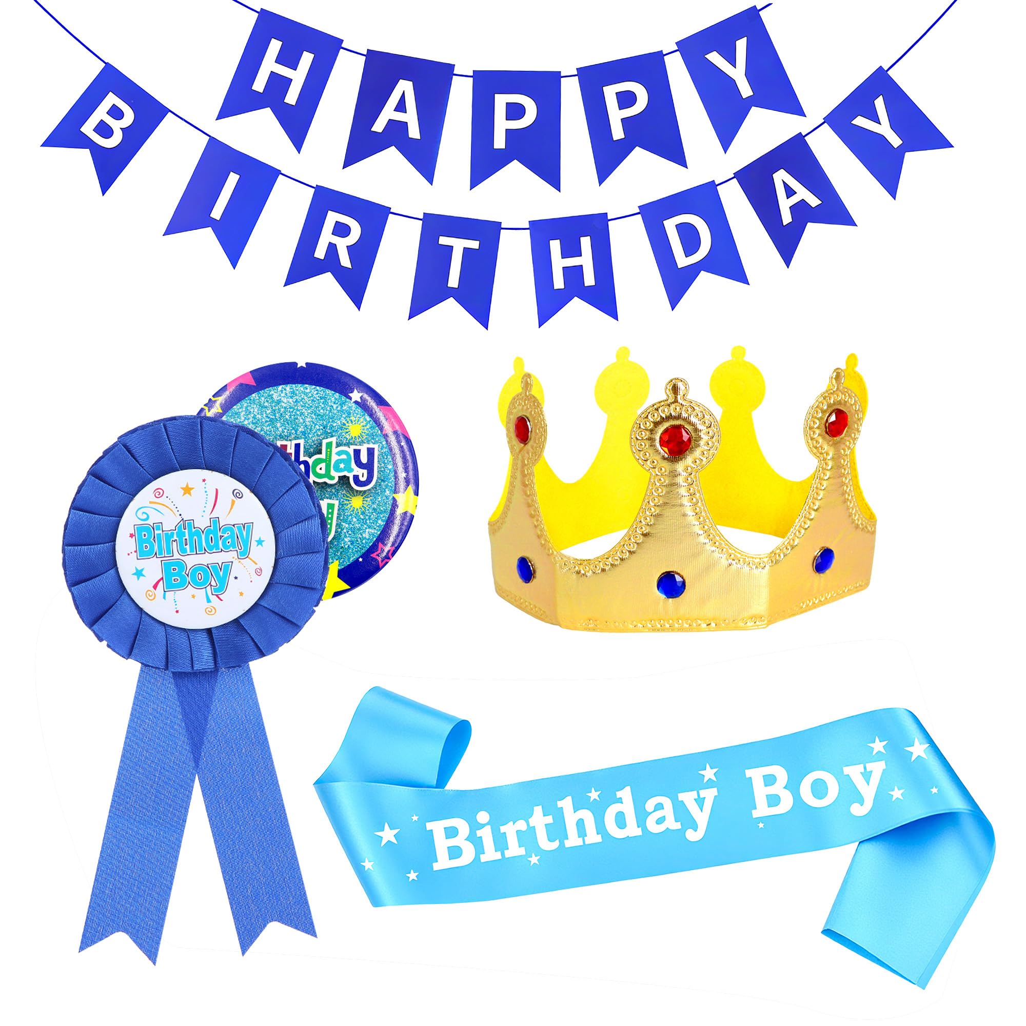 Yitexin 5 Pieces Blue Birthday Boy Badge, Sash, Crown, Banner and Corsage, Party Birthday Headband Tiara Set for Men Hat Hair Accessories Celebrations Decoration (Blue)