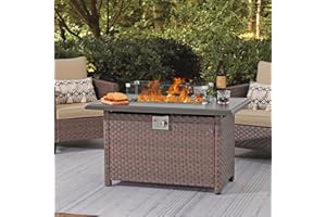 SUNSITT Outdoor Fire Pit Table 43 Inch Wicker Propane Fire Pit with Aluminum Tabletop 50,000 BTU Gas Firepit with Glass Wind Guard, Fire Glass, Lid, Cover, Brown Rattan