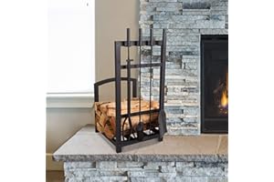 Lavish Home 5-Piece Fireplace Tool Set and Log Rack - Mission-Style Firewood Holder with Shovel, Broom, Tongs, and Poker for Hearth (Matte Black)