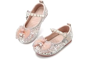 Qimaoo Girls Dress Shoes Mary Jane Princess Shoes Girls' Flats Glitter Low Heels Flower Wedding Party Footwear for Toddler Little/Big Kid