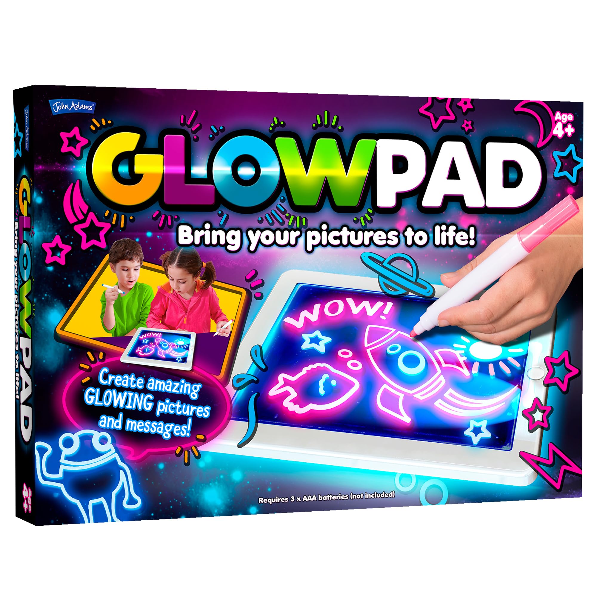 John Adams GLOWPAD | Light-Up Drawing Pad | Mess-Free Arts and Crafts for Kids | Designs Change Colour & Glow | Light & Ideal for Travel | 8 Board Light-Up Modes | Ages 4+ | Gift Idea for Christmas