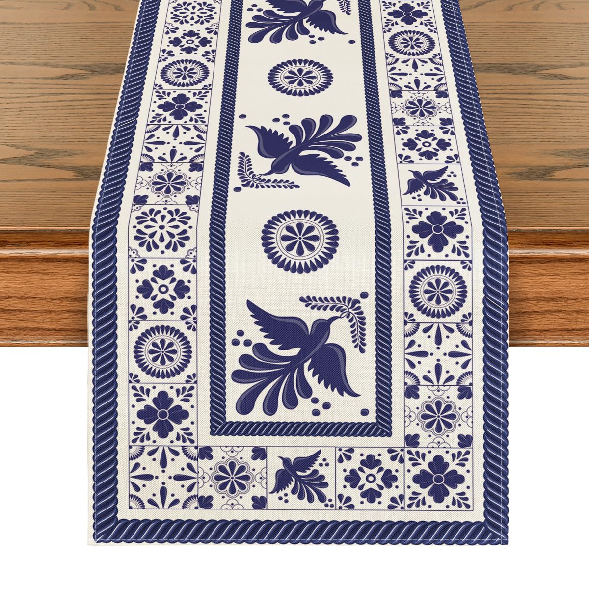 Photo 1 of Artoid Mode Floral Bird Dia De Los Muertos Mexican Table Runner, Blue Patchwork Tiles Kitchen Dining Table Decoration for Home Party Decor 13x60 Inch