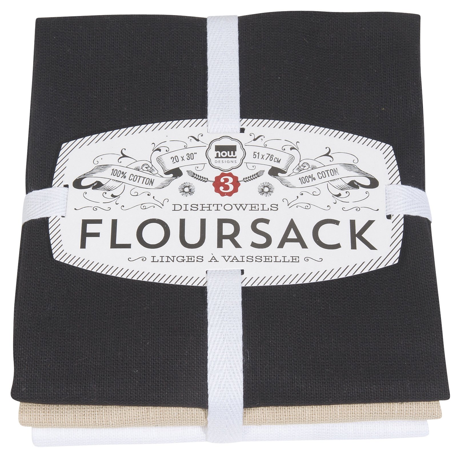 Now Designs Floursack Kitchen Towels, Set of Three, Black/Oyster/White — image 1