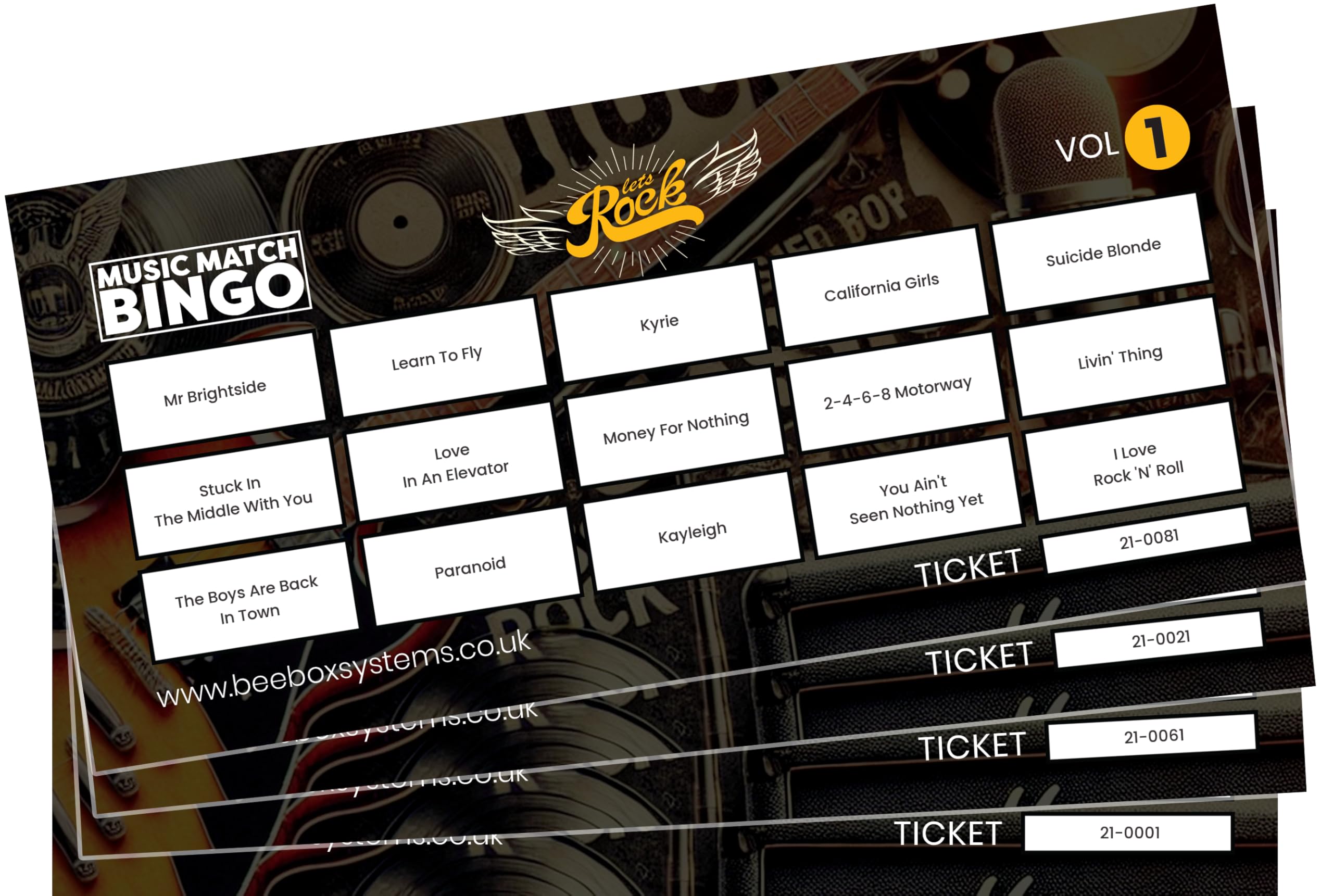BeeBox Music Match Bingo Game Tickets, 120 Tickets Per Pack (Lets Rock Vol1) — image 1
