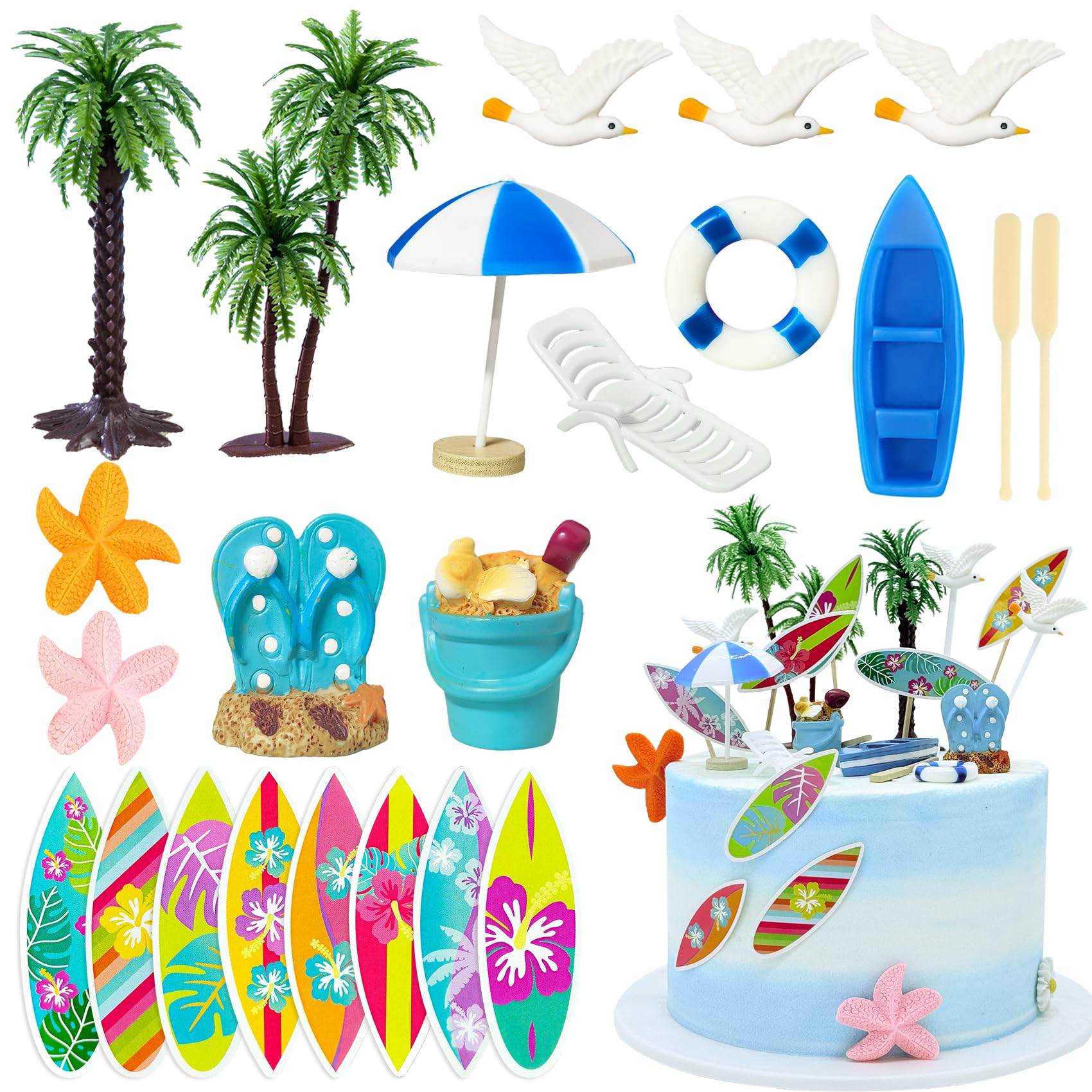 Photo 1 of Knana 23Pcs Hawaiian Cake Topper Beach Theme Cake Decorations Surfboard Cake Topper for Summer Beach Birthday Party Supplies