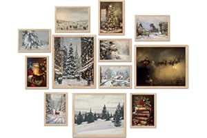 TwoDays Vintage Christmas Wall Art, Moody Winter Xmas Aesthetic Poster for Room Decor, Santa Reindeer Pine Tree Gallery Painting Artwork Prints. (Multi Sizes, 8" X 10" Largest, Set of 12, UNFRAMED)