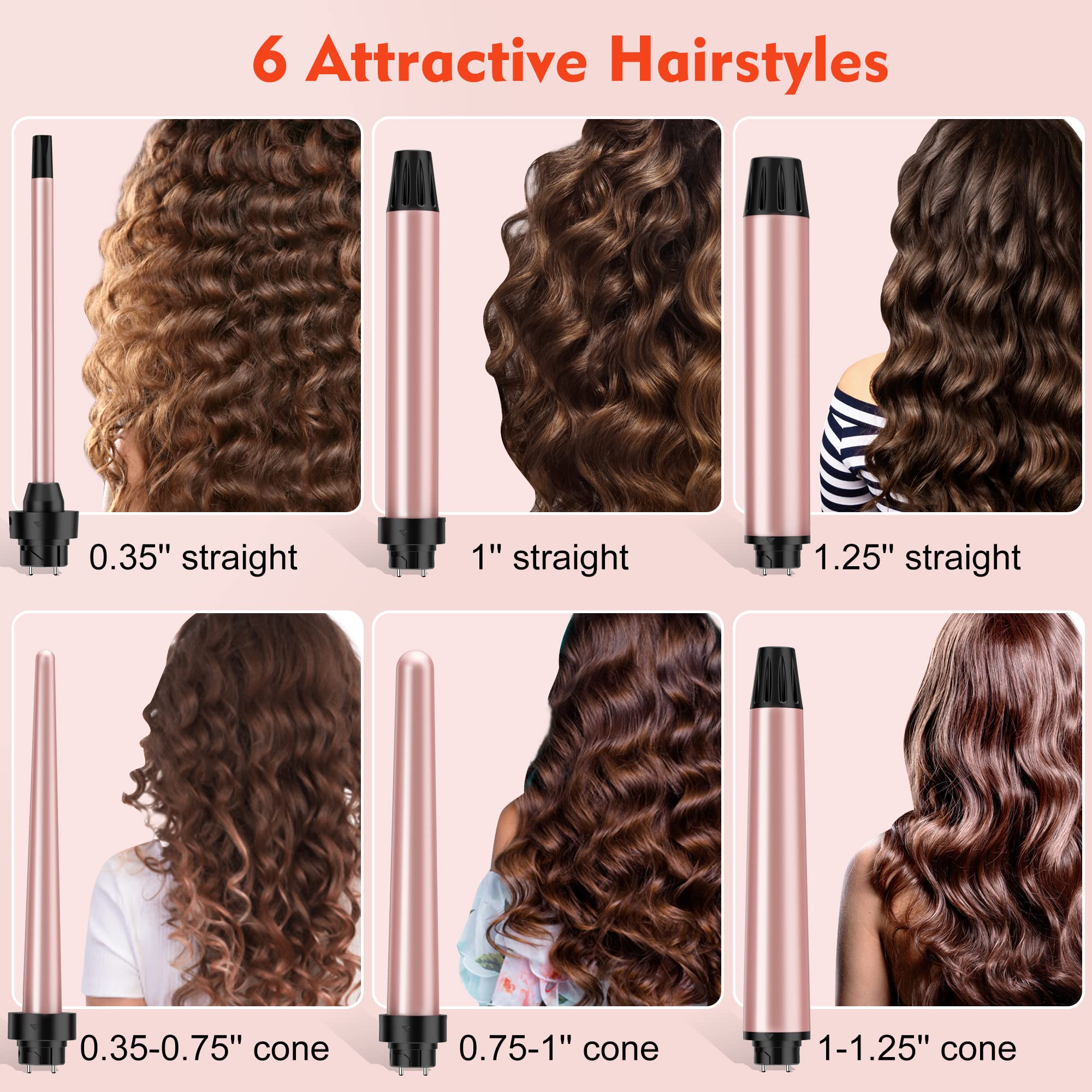 Curling Iron Set, USHOW 6 in 1 Curling Wand Set Hair Iron Kit Instant Heat Up Hair Curler with 6 Interchangeable Tourmaline Ceramic Barrels (0.35'' to 1.25'') Temperature Adjustments, with Gloves