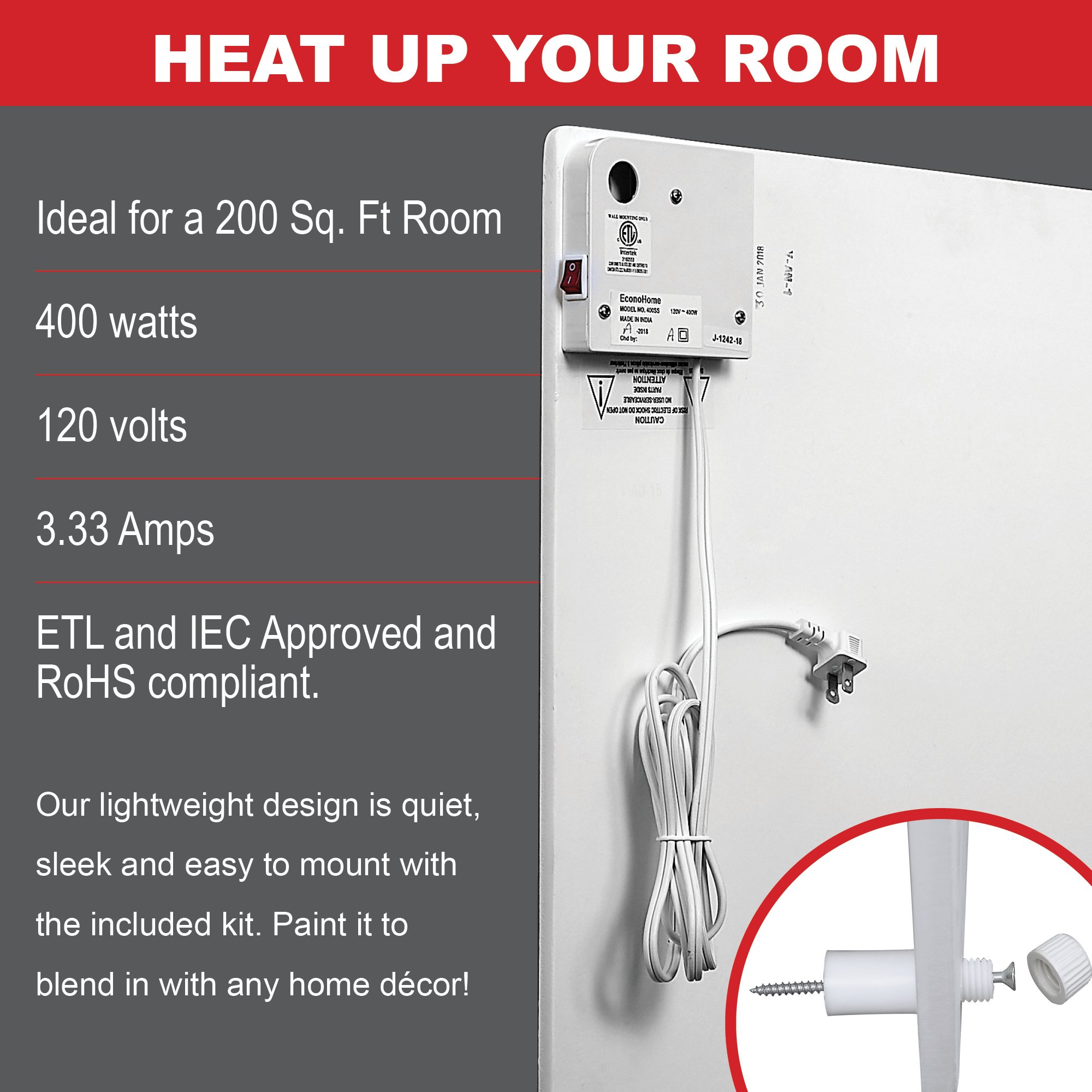 Wall Mount Space Heater Panel 400 Watt Convector Heater, 120V Electric