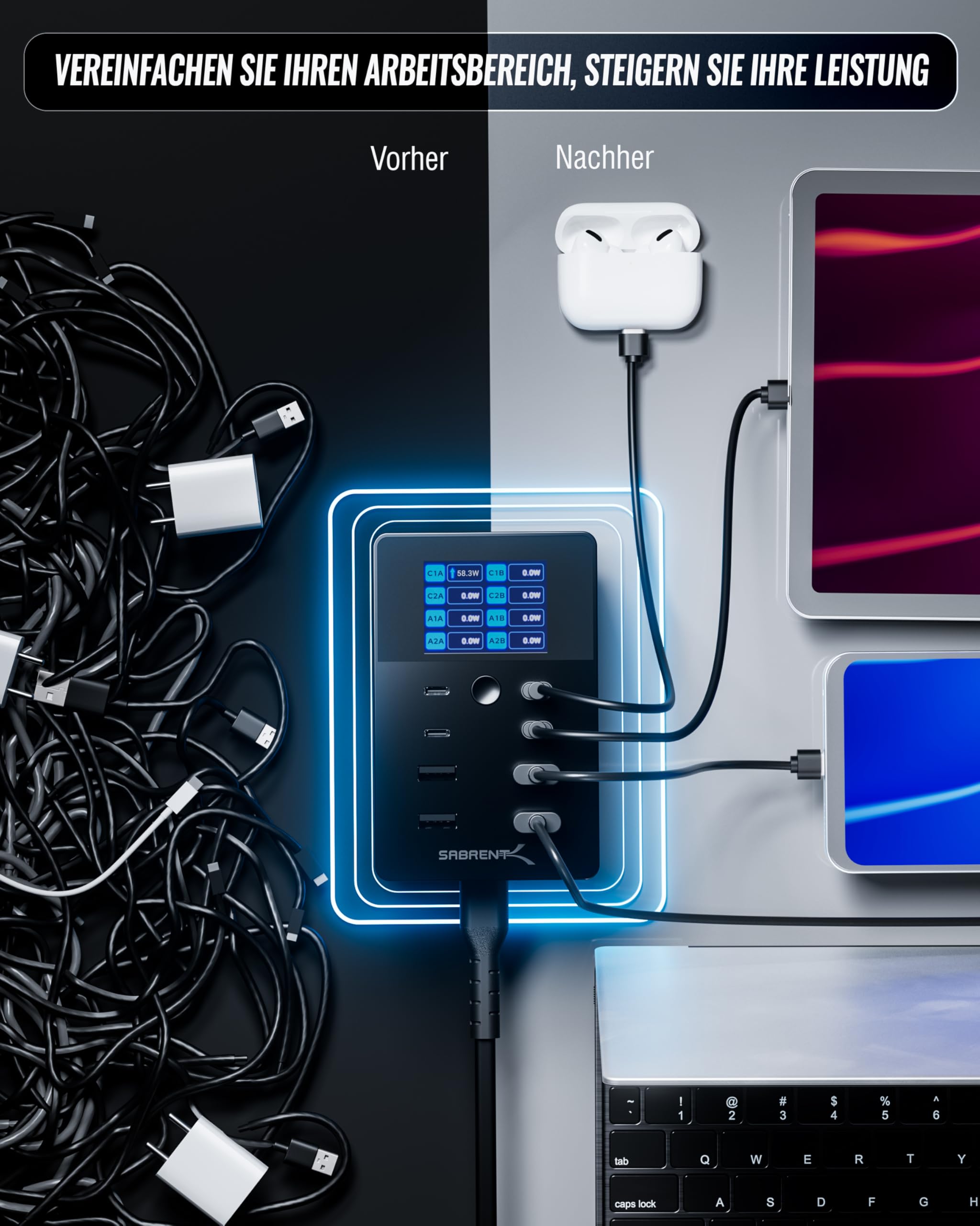 SABRENT USB Ladestation 252W 8-Port PD 3.0 mit LCD Display - GaN Charger Ladegerät - Schnelle Charging Station für USB-C & USB-A Geräte, Laptops, Smartphones - PPS, Überladungsschutz (AX-8PTC) 4