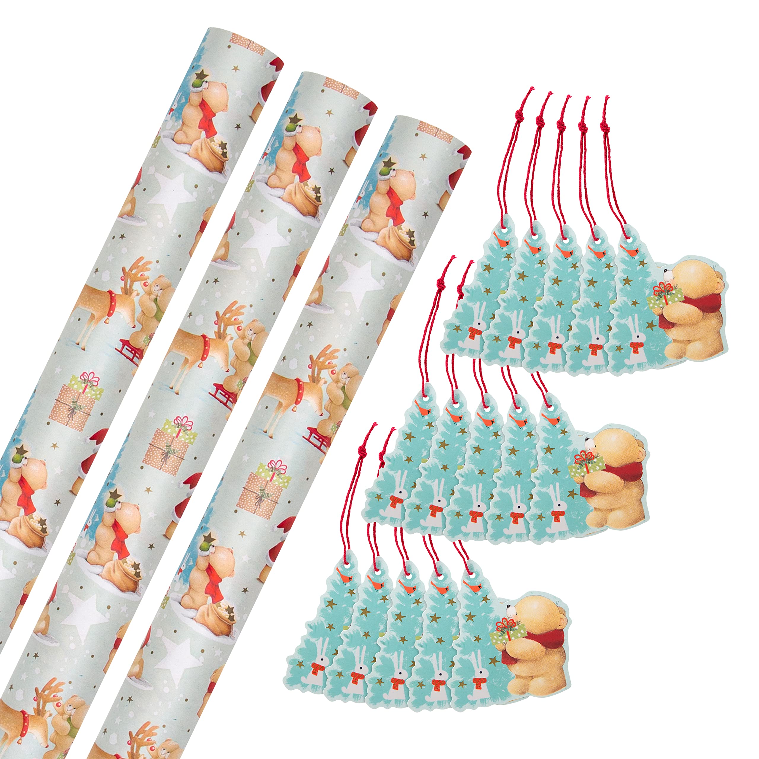Hallmark Forever Friends Christmas Wrapping Paper and Gift Tag Bundle - 3 Rolls of Paper in 1 Design with 3 Packs of 5 Gift Tags