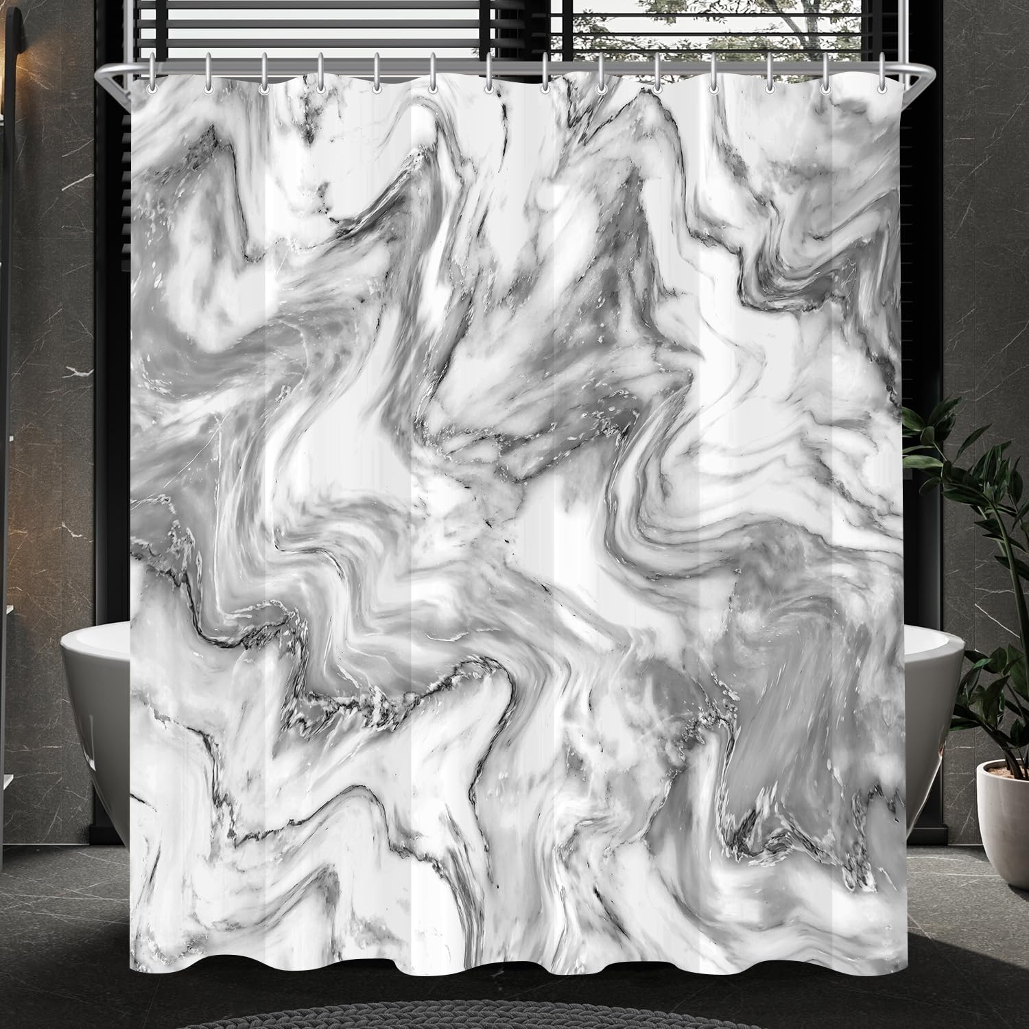 Lerores Shower Curtain, 200 x 200 cm, Marble Anti-Mould Textile, Weighted Hem, Water-Repellent, Washable Polyester Fabric Bath Curtains with 12 Eyelets and Shower Curtain Rings for Bathroom, Bathtub