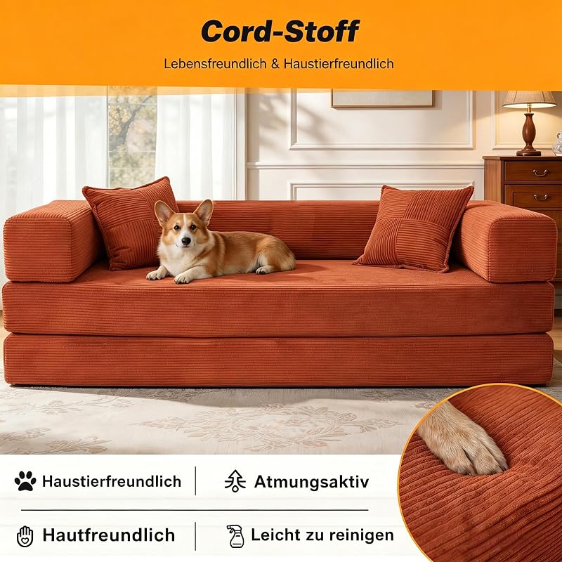 rahmenloses Sofa, 160 cm, mit Schaumstoff und Federn, für Schlafzimmer, Orange