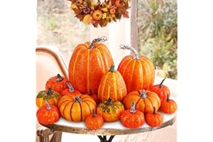 Ywlake 16 Pcs Pumpkin Fall Decorations, Decorative Large Small Outdoor Orange Foam Plastic Fake Faux Artificial Pumpkins for Halloween Autumn Harvest Festival Home Table Decor