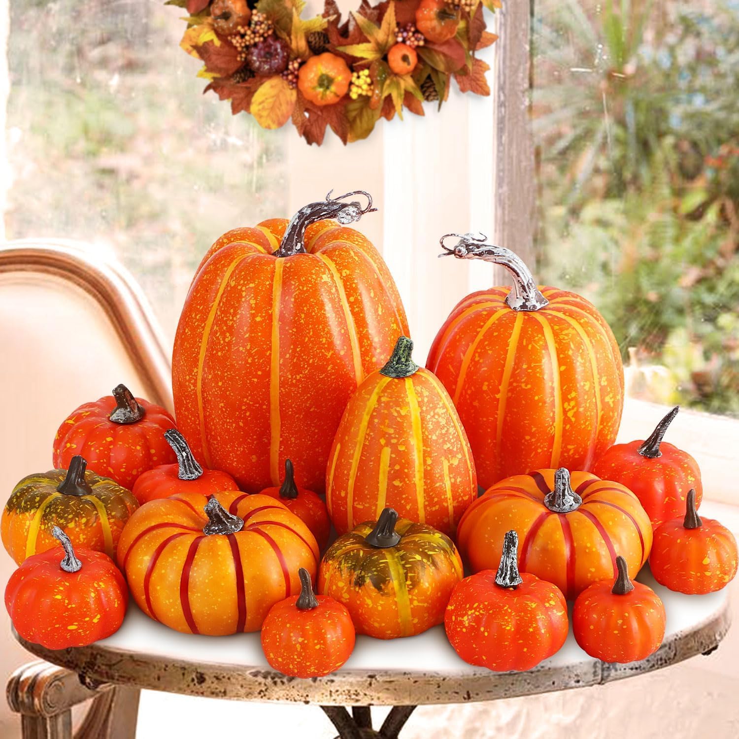 Photo 1 of Ywlake 16 Pcs Pumpkin Fall Decorations, Decorative Large Small Outdoor Orange Foam Plastic Fake Faux Artificial Pumpkins for Halloween Autumn Harvest Festival Home Table Decor