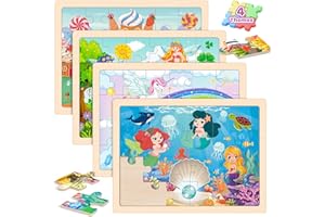 DUCHONG Puzzles for Kids Ages 4-6, 4 Packs Wooden Jigsaw Puzzles for Toddlers 2-4, Princess Unicorn Mermaid Fairy Preschool Educational Puzzles Boards Toys Gifts for Girls Boys 3 4 5 6
