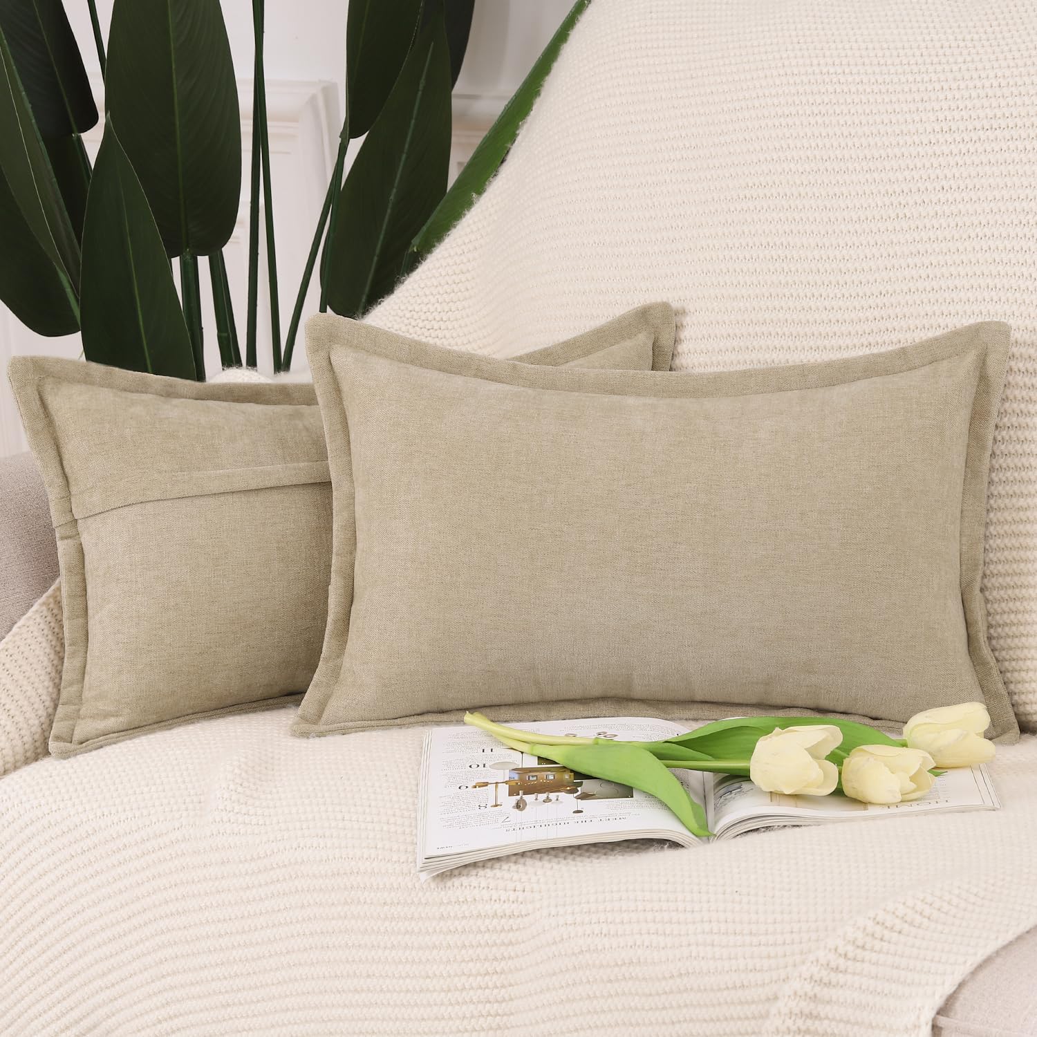 Madizz Fringe Chenille Cushion Covers Set of 2 Super Soft Boho Throw Pillow Covers Decorative Plain Throw Pillowcases Modern Home Decor for Sofa Bedroom Camel 12x20 inch, 30x50 cm