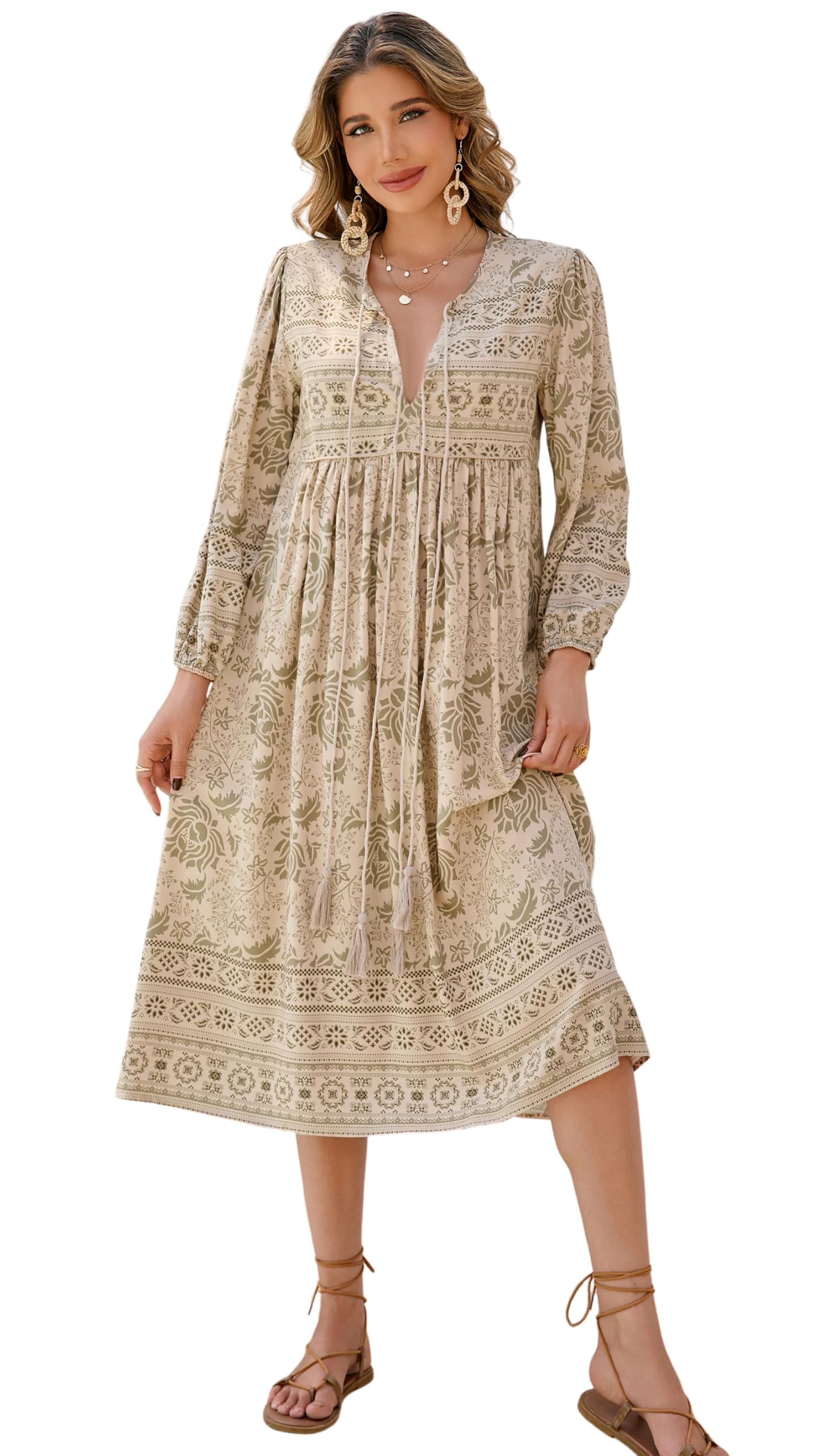 Floral Print Vintage V-Neck Long Sleeve Two-Piece Midi Dress