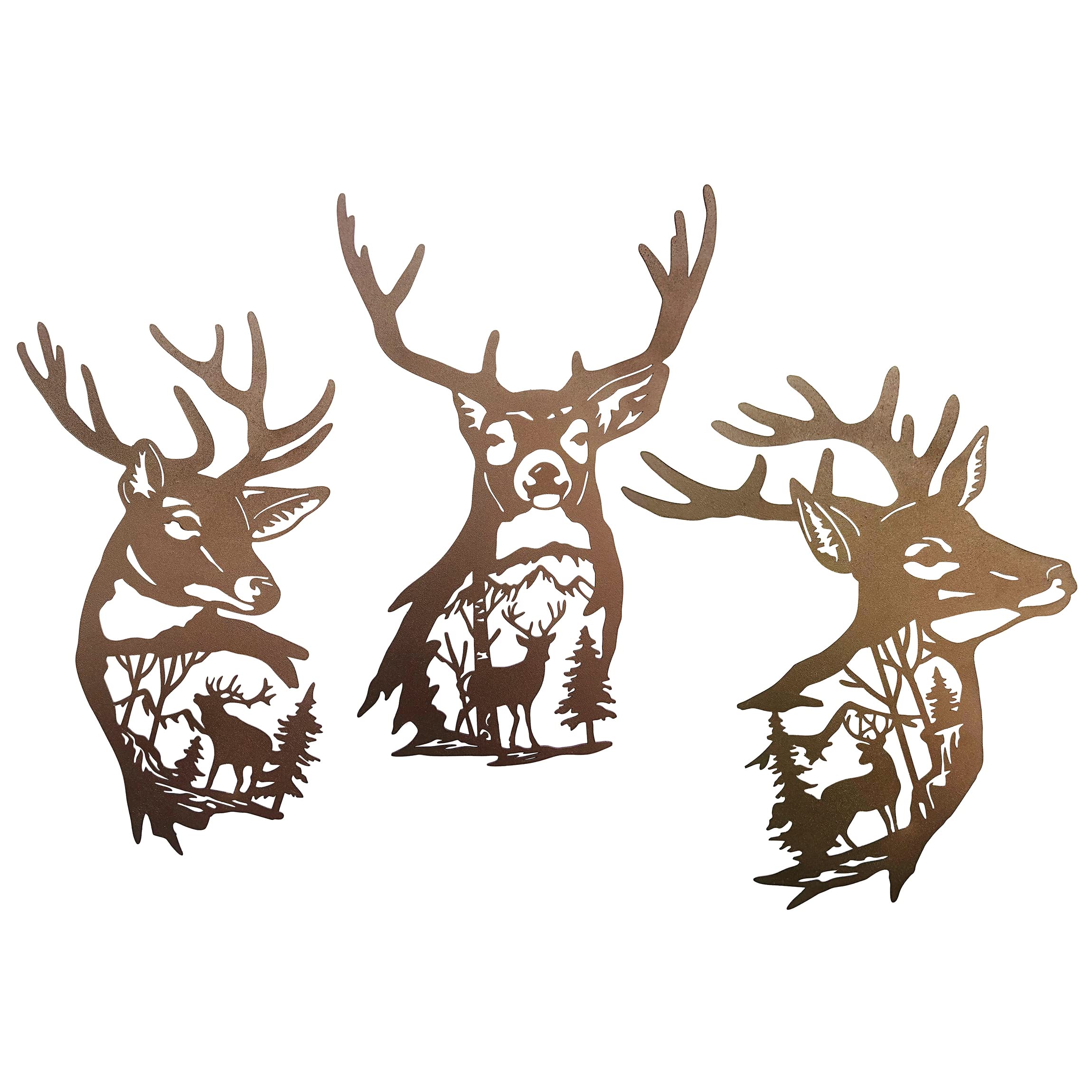 J-Fly Metal Deer Wall Art - 3 Piece Set, 9 Inch Rust Color - Forest, Hunting, Rustic Decor for Living Room, Bedroom, Bathroom