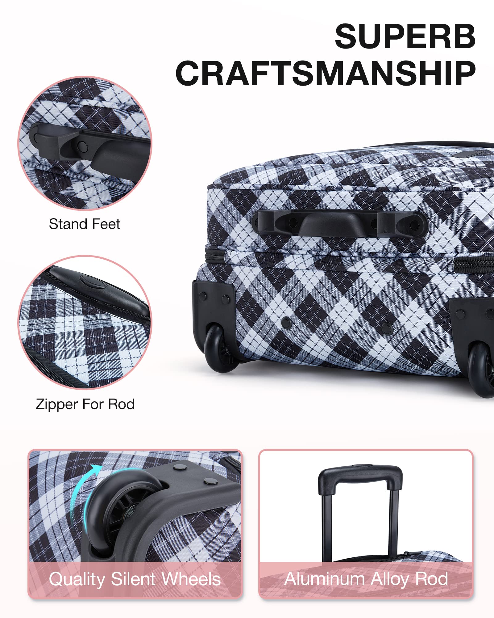 BAGSMART Water-Resistant 17.3 Inch Rolling Laptop Bag, Black & White Plaid, Suitcase
