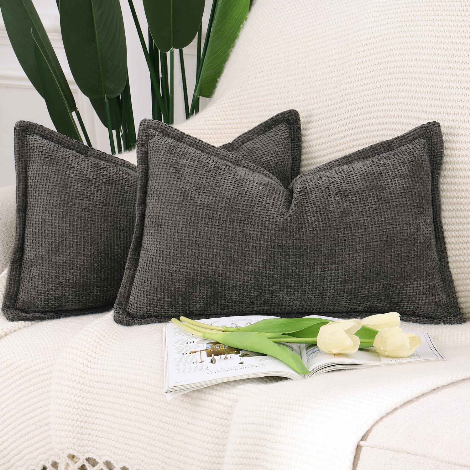 Madizz Set of 2 Chenille Velvet Cushion Covers with Flange Soft Boho Textured Throw Pillow Covers Broadside Pillowcases Modern Farmhouse Home Decor for Sofa Bedroom Dark Taupe 12x20 inch, 30x50 cm