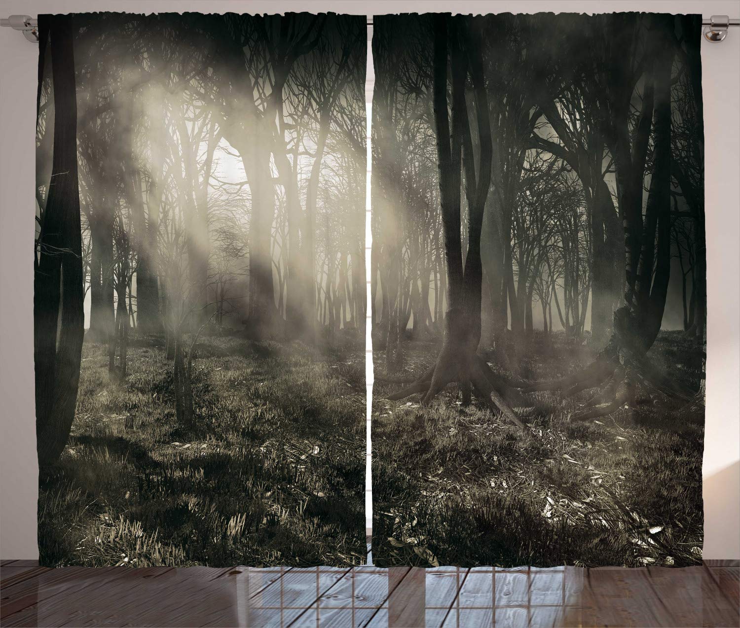 ABAKUHAUS Gothic Curtains, Photo of Dark Forest Scenery with Sunbeams and Fog Vintage Nostalgic Colors Fantasy Art, Living Room Bedroom Window Drapes 2 Panel Set, 89 L X 110 W, Brown