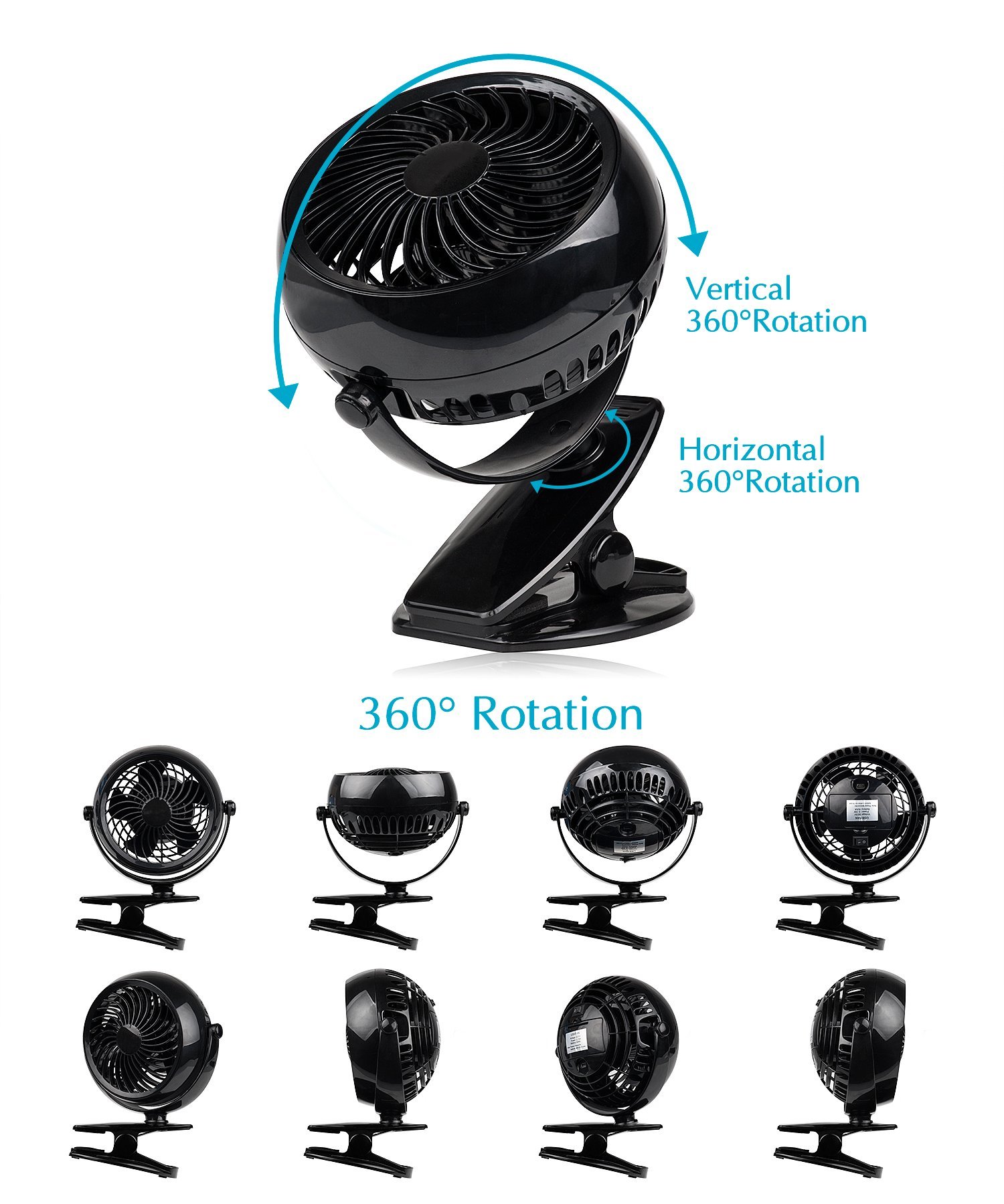 Gazeled Clip on Fan Battery Operated, 360° Rotation, with 8 Free AA Batteries, Quiet USB or Battery Operated Fan, 5'' Portable Battery Powered Clip on Fans for Camping, Stroller, Bedroom, Outdoor