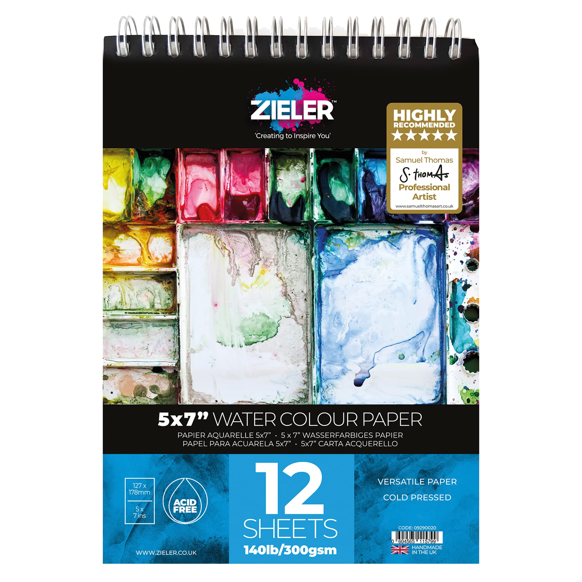 Spiral Fine-Grain Textured Watercolour Paper Pad - 5" X 7" 300gsm, 12 Sheets - by Zieler® - Ideal for Soaking & Masking. Made in UK