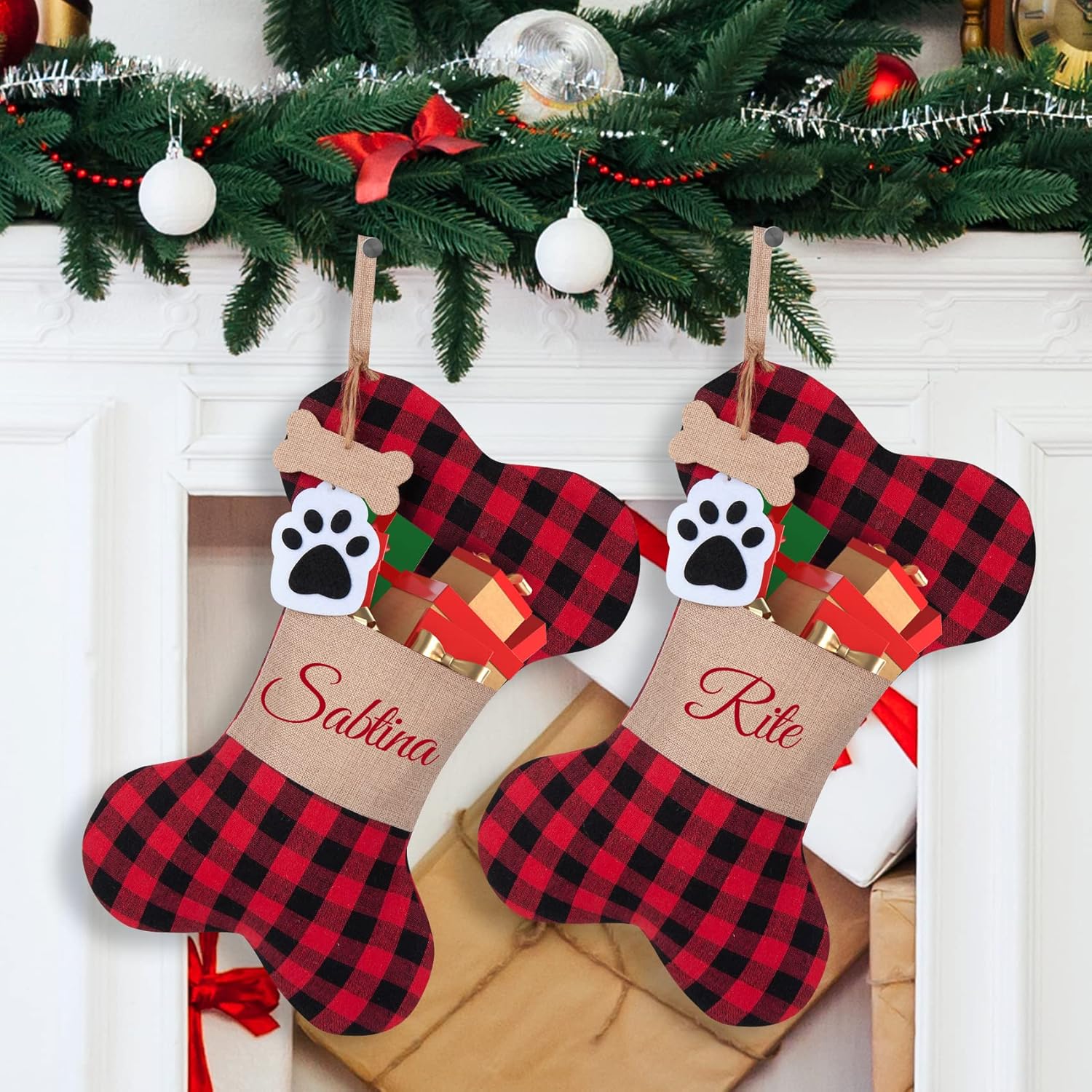 Stockings & Holders - Personalized Christmas Stockings for Dogs Cats, Custom Name Pet Paw Fish and Large Bone Shape Plaid Christmas Stockings Personalized, Xmas Decorations Hanging Stockings Family Holiday (1 PCS Bone)