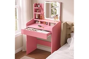 Dowinx Small Vanity Desk with Mirror and Lights, Makeup Vanity with Drawer & Storage Shelves, Makeup Desk with 3 Lighting Modes & Adjustable Brightness, Dressing Table for Women Girls Bedroom Pink