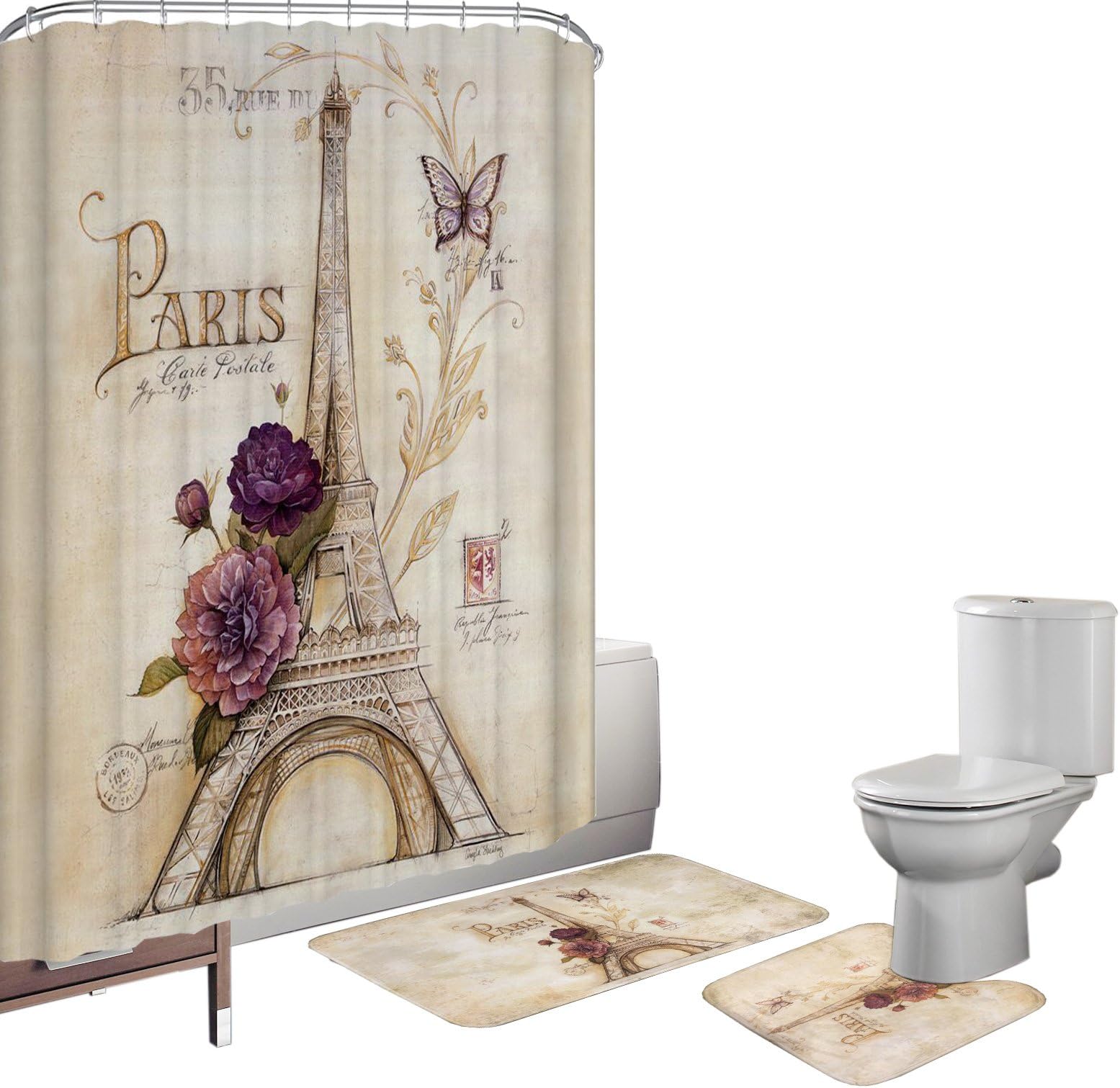Amagical 15 Piece Vintage Paris Brown Eiffel Tower Bathroom Shower Curtain Set Bathroom Mat Set Purple Flower Butterfly Bath Mat Contour Mat and Shower Curtain with 12 Hooks