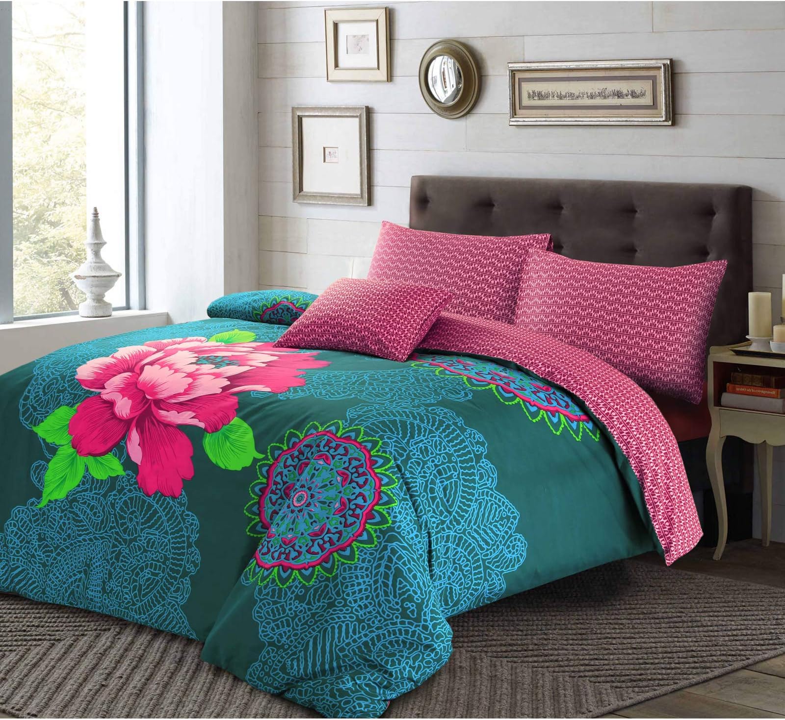 Nimsay Home JANICE Bohemia Floral Country Style Quilt Duvet Cover Cotton Blend Boho Hippy Bright Flower Exotic Traditional Design Reversible Plum Wiggly Pattern Greenish Bedding Sets Pack - SINGLE