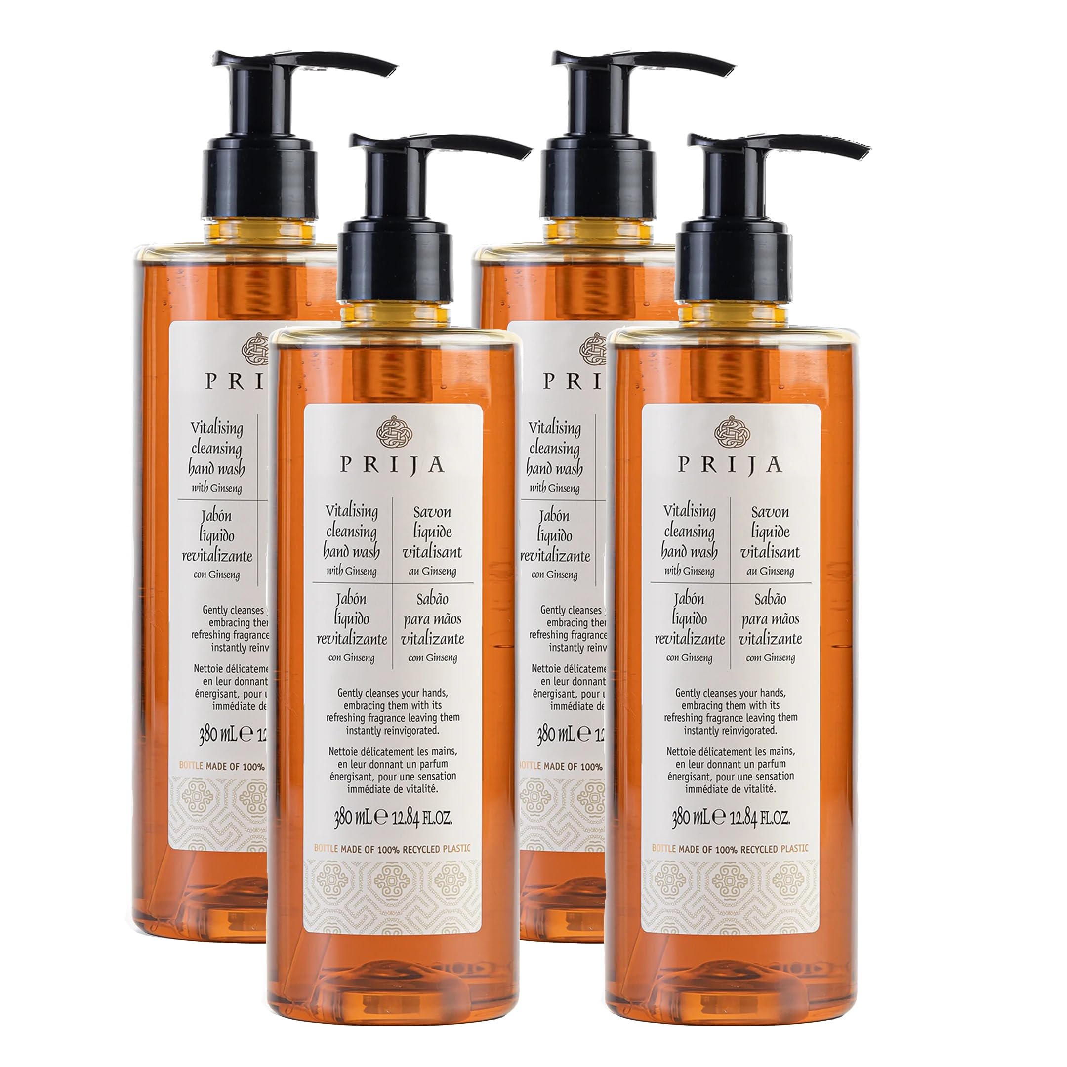 Prija Vitalising Hand Wash with Ginseng Extract Gently Cleanses Hands, Moisturising Liquid Hand Soap, Vegan Friendly with Energising Fragrance 4 x 380ml