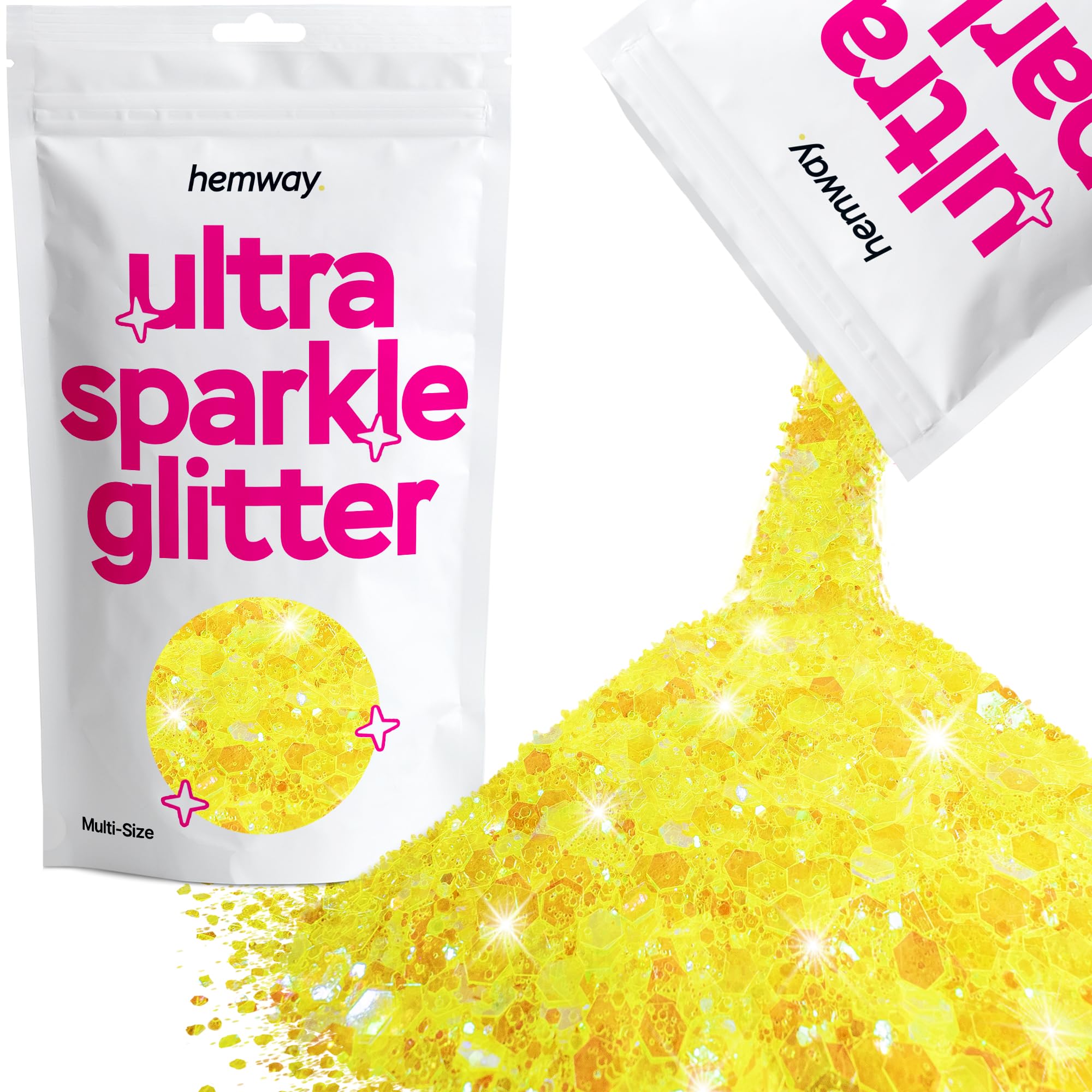 Hemway Ultra Sparkle Glitter Fluorescent Yellow 100g Multi Size | Glitter for Arts & Craft, Makeup, Nail Art, Crafting, Card Making, Sparkle Decoration