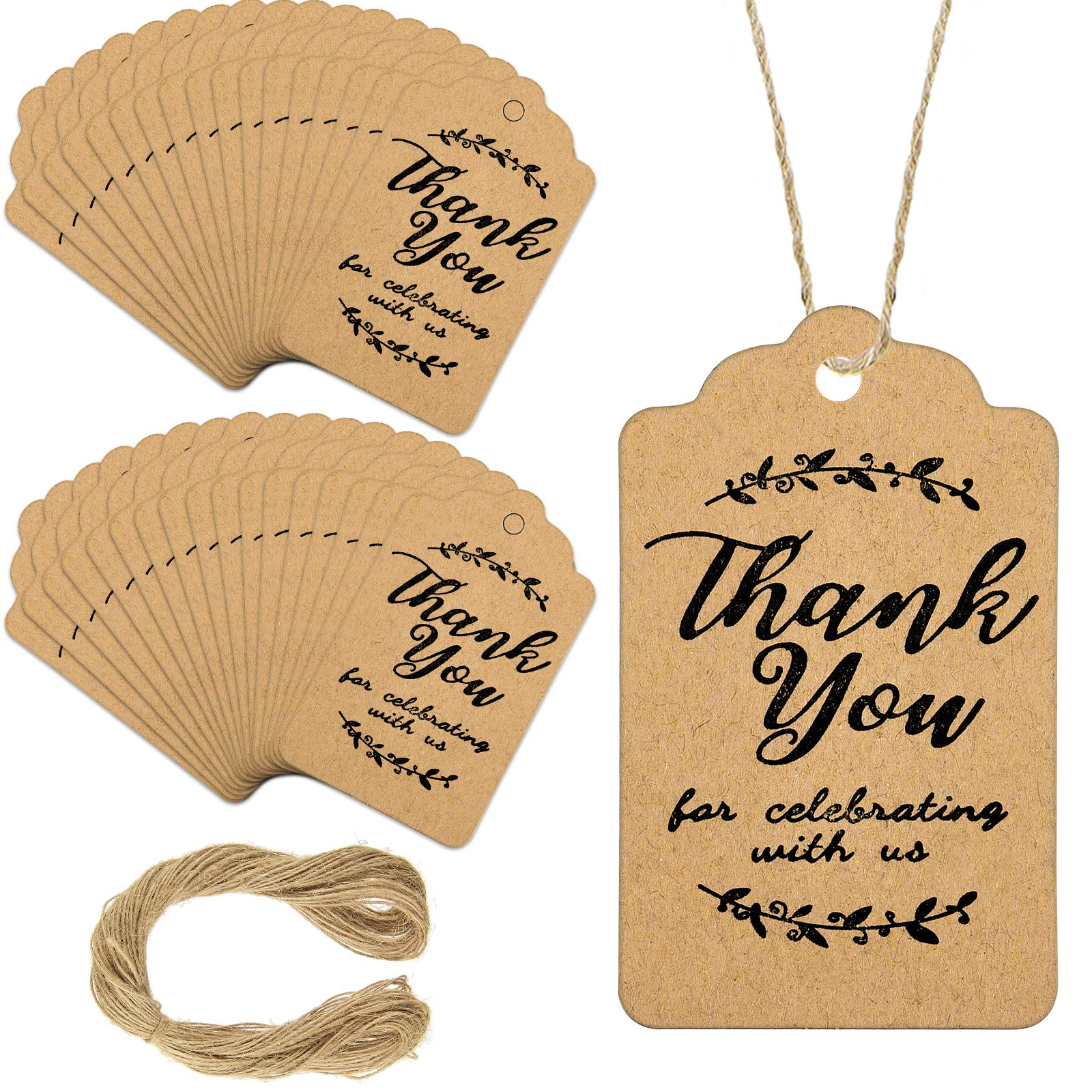BBTO 100 Pcs Kraft Thank You Tags with String, Thank You for Celebrating with Us Wedding Favour Tags, 5 x 3 cm Small Rustic Brown Gift Labels for Wedding Baby Shower Birthday Christening Hen Party
