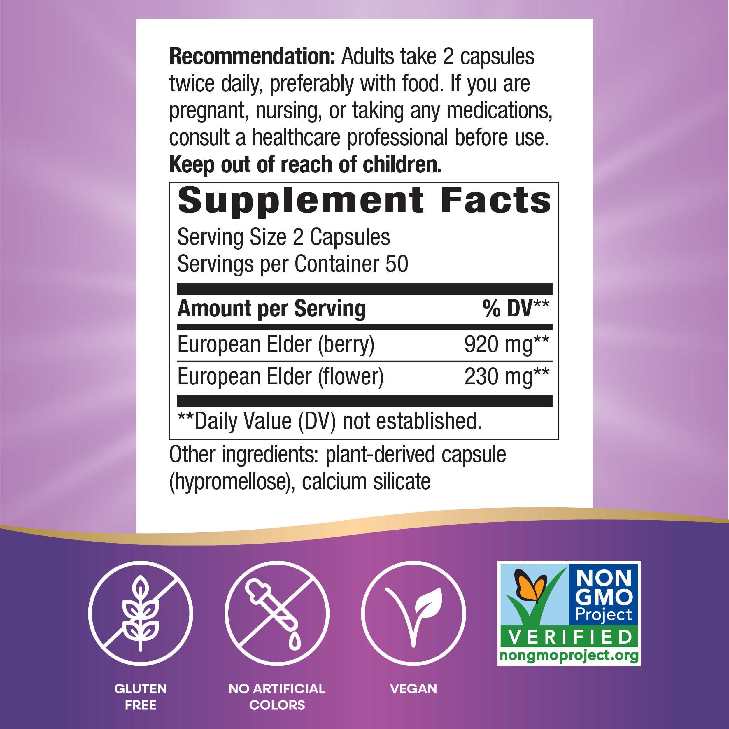 Nature's Way Black Elderberry Supplement, Traditional Immune Support*, With Elderberry and Elderflower, Plant Powered, 100 Capsules (Packaging May Vary)
