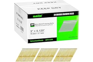 meite Framing Nails 28 Degree, 3-Inch, Wire Weld, Offset Round Head Ring Shank Framing Nails for 28° Framing Nailer Gun (1,000 PCS) Galvanized Finish